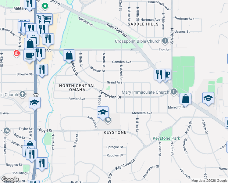 map of restaurants, bars, coffee shops, grocery stores, and more near 4727 North 83rd Avenue Circle in Omaha