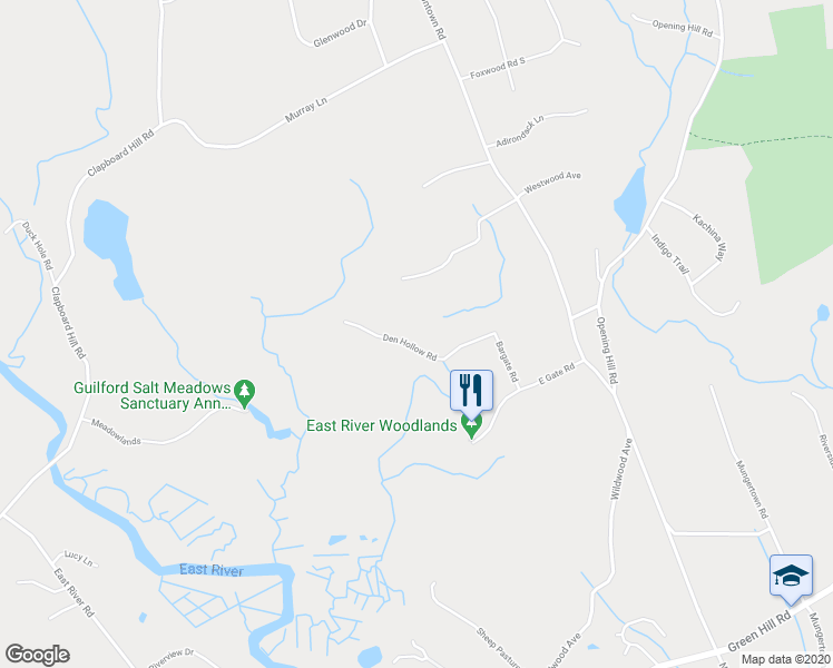 map of restaurants, bars, coffee shops, grocery stores, and more near 87 Den Hollow Road in Guilford