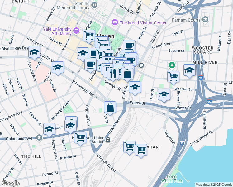 map of restaurants, bars, coffee shops, grocery stores, and more near 275 South Orange Street in New Haven