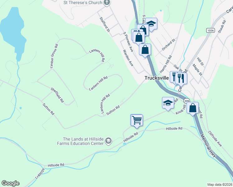 map of restaurants, bars, coffee shops, grocery stores, and more near 230 Lantern Hill Road in Shavertown