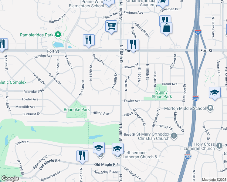 map of restaurants, bars, coffee shops, grocery stores, and more near 4741 North 109th Circle in Omaha
