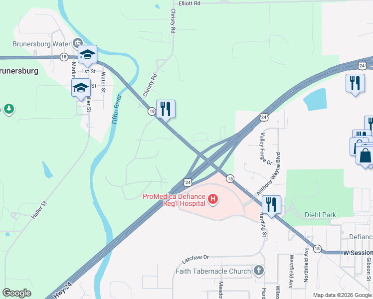 map of restaurants, bars, coffee shops, grocery stores, and more near 1400 Ralston Avenue in Defiance