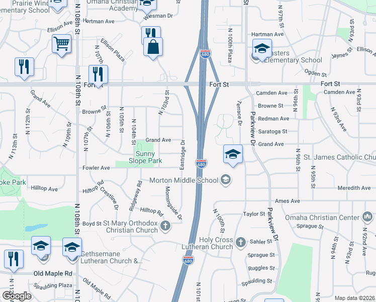 map of restaurants, bars, coffee shops, grocery stores, and more near 4805 Eastridge Drive in Omaha