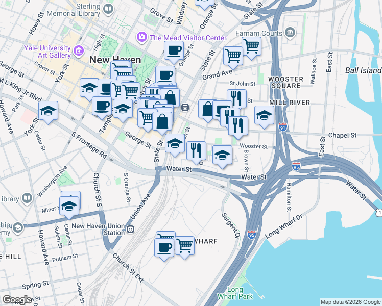 map of restaurants, bars, coffee shops, grocery stores, and more near 20 Fair Street in New Haven