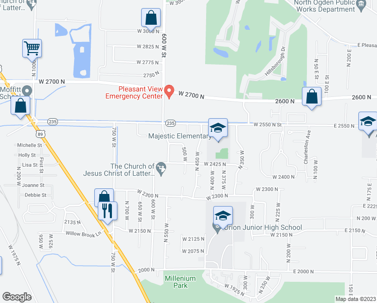 map of restaurants, bars, coffee shops, grocery stores, and more near 2482 500 West in Harrisville