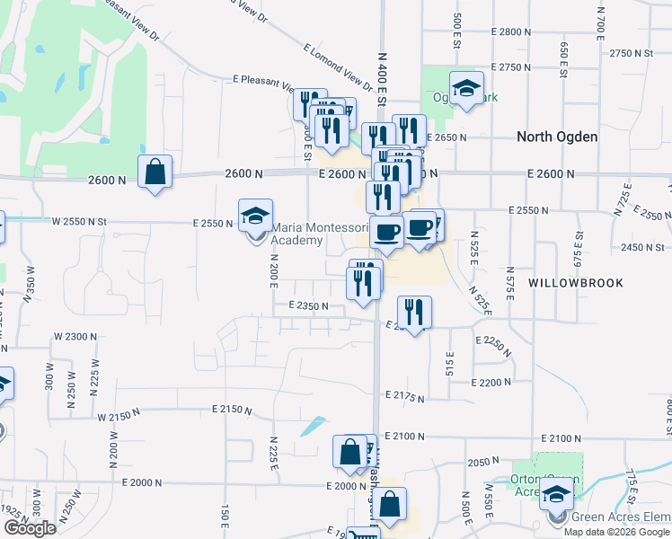 map of restaurants, bars, coffee shops, grocery stores, and more near 2421 North Washington Road Boulevard in North Ogden