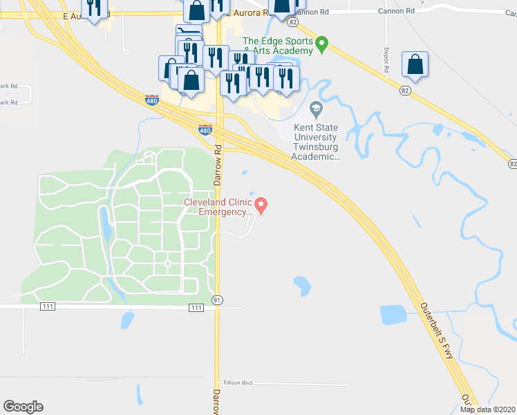 map of restaurants, bars, coffee shops, grocery stores, and more near 8701 Darrow Road in Twinsburg