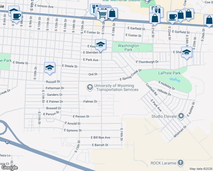 map of restaurants, bars, coffee shops, grocery stores, and more near 1725 Fetterman Drive in Laramie