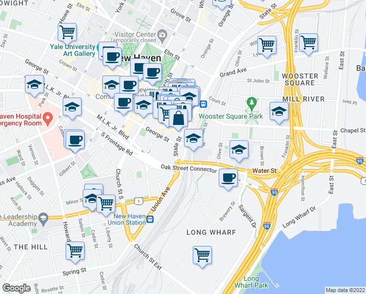 map of restaurants, bars, coffee shops, grocery stores, and more near 1 State Street in New Haven