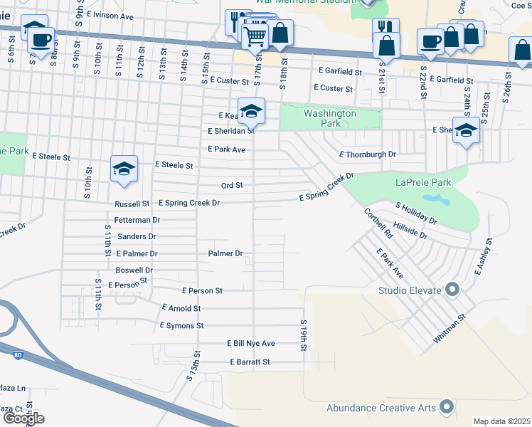 map of restaurants, bars, coffee shops, grocery stores, and more near 1725 Fetterman Drive in Laramie