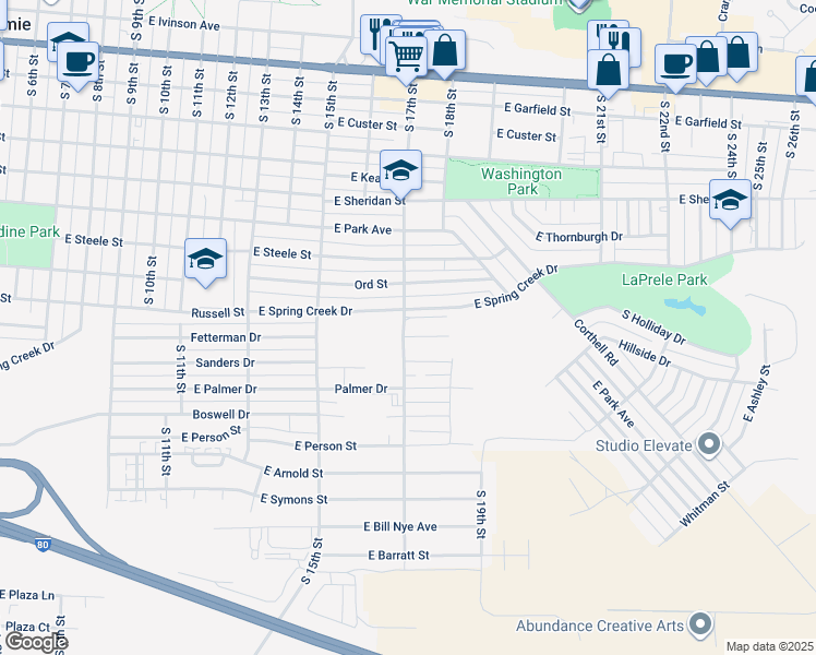map of restaurants, bars, coffee shops, grocery stores, and more near 1725 Fetterman Drive in Laramie