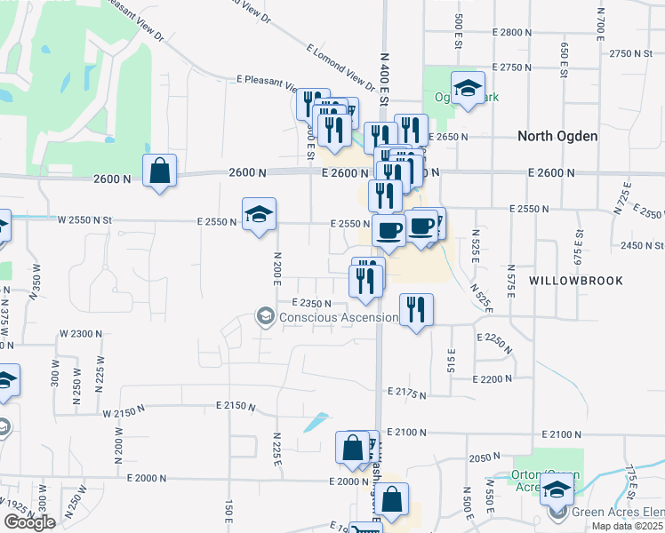 map of restaurants, bars, coffee shops, grocery stores, and more near 2421 North Washington Road Boulevard in North Ogden
