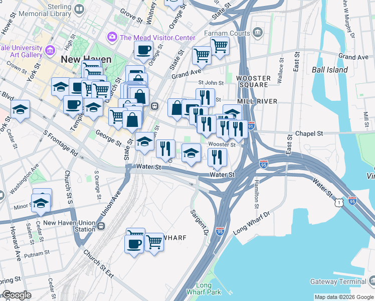 map of restaurants, bars, coffee shops, grocery stores, and more near 66 Warren Street in New Haven