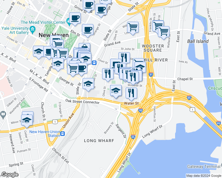 map of restaurants, bars, coffee shops, grocery stores, and more near 66 Warren Street in New Haven