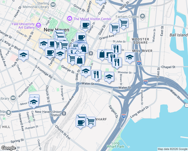 map of restaurants, bars, coffee shops, grocery stores, and more near in New Haven