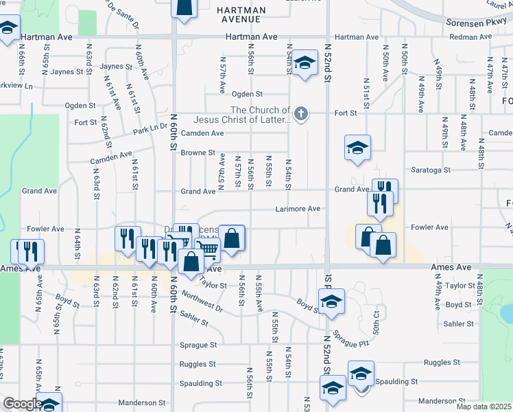 map of restaurants, bars, coffee shops, grocery stores, and more near 5602 Larimore Avenue in Omaha
