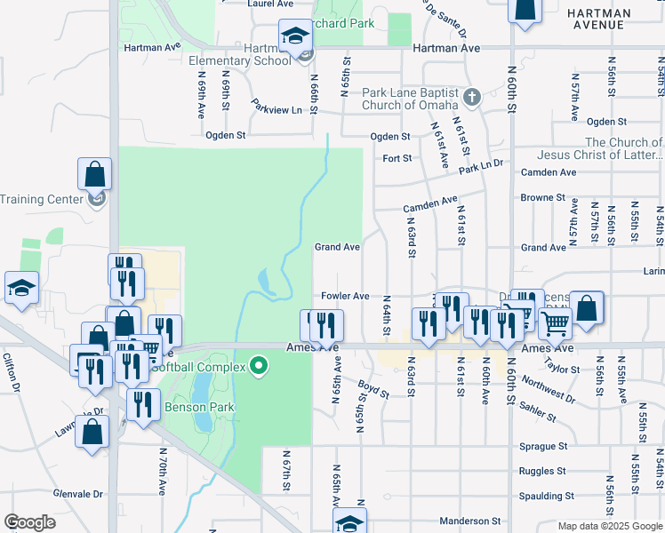 map of restaurants, bars, coffee shops, grocery stores, and more near 4807 North 66th Street in Omaha