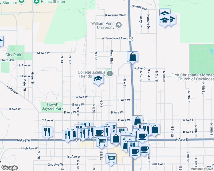 map of restaurants, bars, coffee shops, grocery stores, and more near 817 North C Street in Oskaloosa