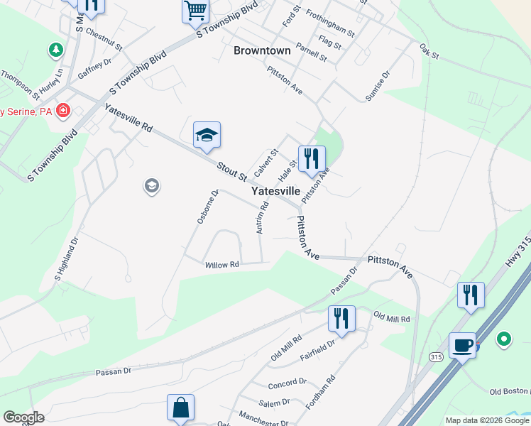 map of restaurants, bars, coffee shops, grocery stores, and more near 29-39 Antrim Rd in Yatesville