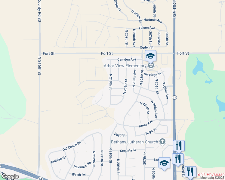 map of restaurants, bars, coffee shops, grocery stores, and more near 20925 Larimore Avenue in Douglas County