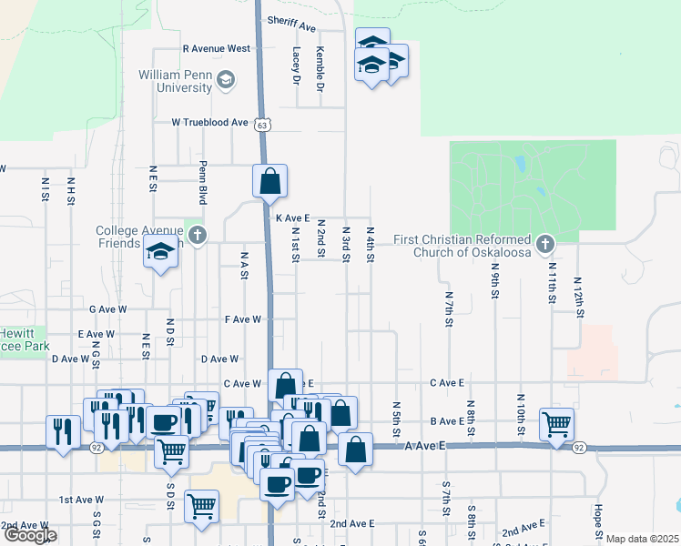 map of restaurants, bars, coffee shops, grocery stores, and more near 607 North 3rd Street in Oskaloosa