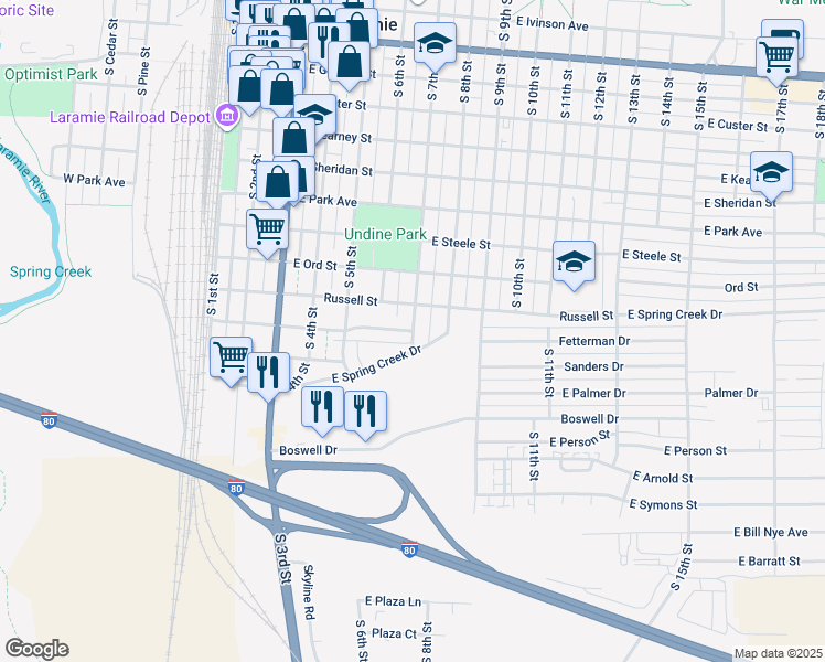 map of restaurants, bars, coffee shops, grocery stores, and more near 1325 East Fetterman Street in Laramie