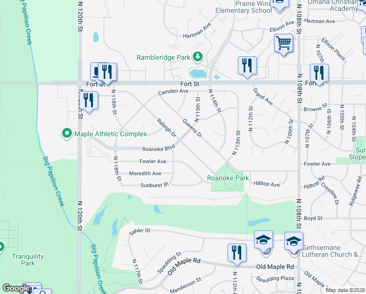 map of restaurants, bars, coffee shops, grocery stores, and more near 11417 Raleigh Dr in Omaha