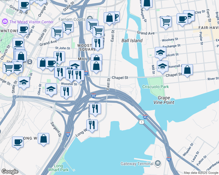 map of restaurants, bars, coffee shops, grocery stores, and more near 151 East Street in New Haven