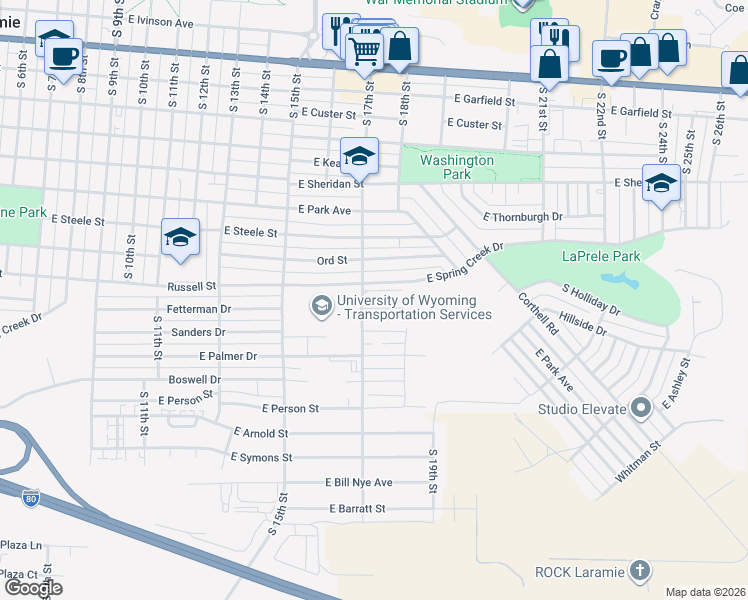 map of restaurants, bars, coffee shops, grocery stores, and more near 1725 Fetterman Drive in Laramie