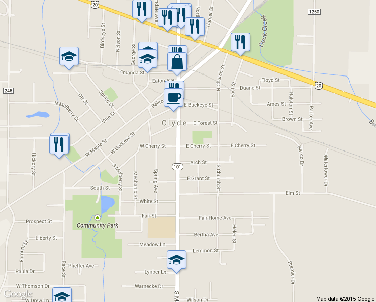 map of restaurants, bars, coffee shops, grocery stores, and more near 114 East Cherry Street in Clyde
