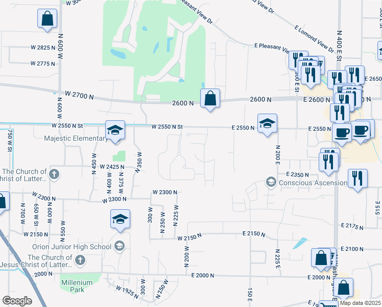 map of restaurants, bars, coffee shops, grocery stores, and more near 163 Arlington Way in Ogden