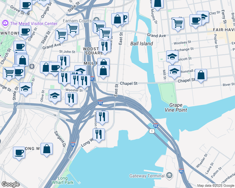 map of restaurants, bars, coffee shops, grocery stores, and more near 151 East Street in New Haven
