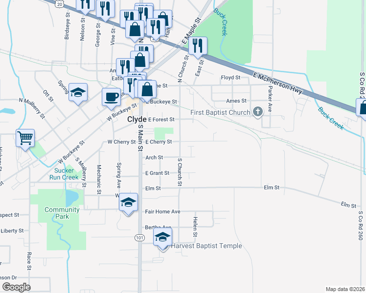 map of restaurants, bars, coffee shops, grocery stores, and more near 308 South Church Street in Clyde