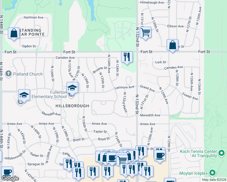 map of restaurants, bars, coffee shops, grocery stores, and more near 13451 Larimore Avenue in Omaha
