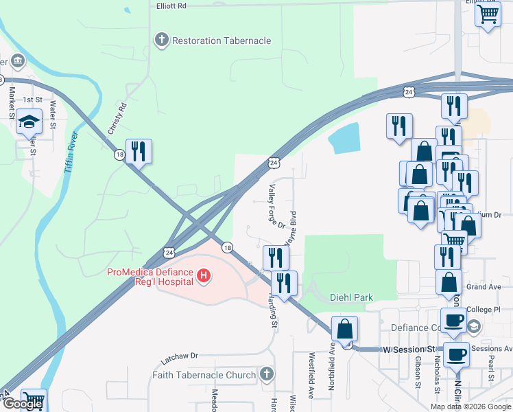 map of restaurants, bars, coffee shops, grocery stores, and more near 563 3 Rivers Court in Defiance
