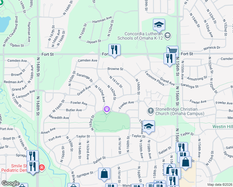 map of restaurants, bars, coffee shops, grocery stores, and more near 4809 North 162nd Street in Omaha