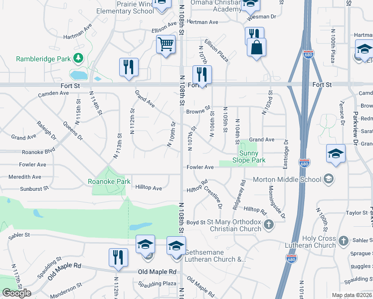 map of restaurants, bars, coffee shops, grocery stores, and more near 4804 North 107th Street in Omaha