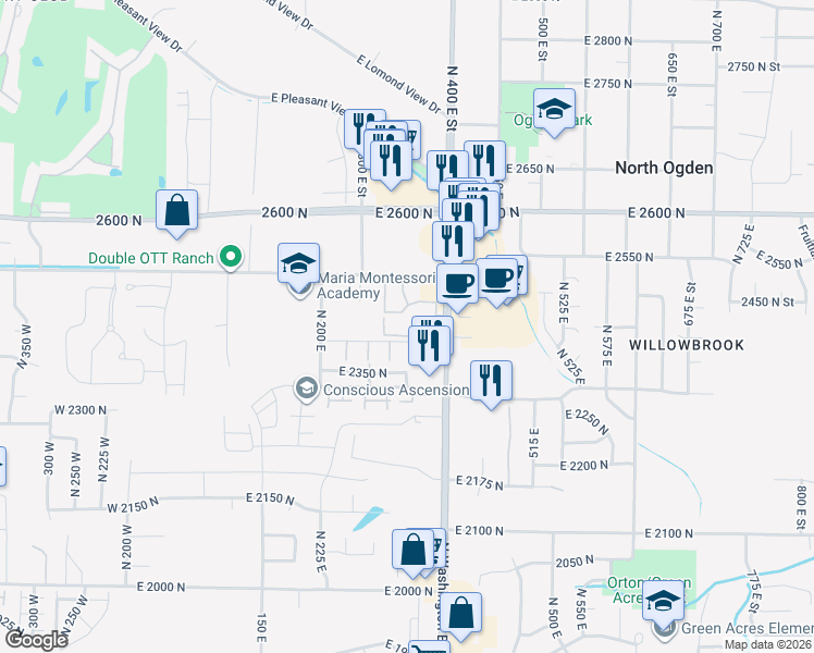 map of restaurants, bars, coffee shops, grocery stores, and more near 2421 North Washington Road Boulevard in North Ogden