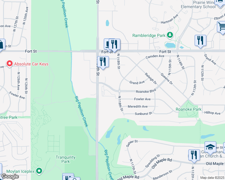 map of restaurants, bars, coffee shops, grocery stores, and more near 11829 Roanoke Boulevard in Omaha