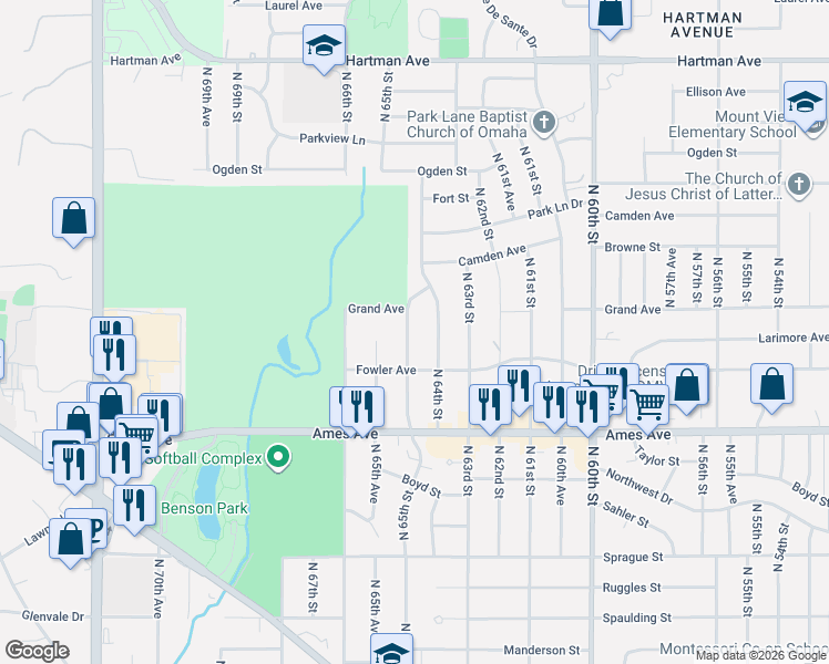 map of restaurants, bars, coffee shops, grocery stores, and more near 4722 North 65th Street in Omaha