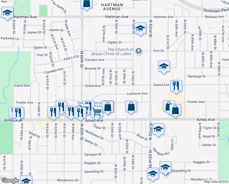 map of restaurants, bars, coffee shops, grocery stores, and more near 5602 Larimore Avenue in Omaha