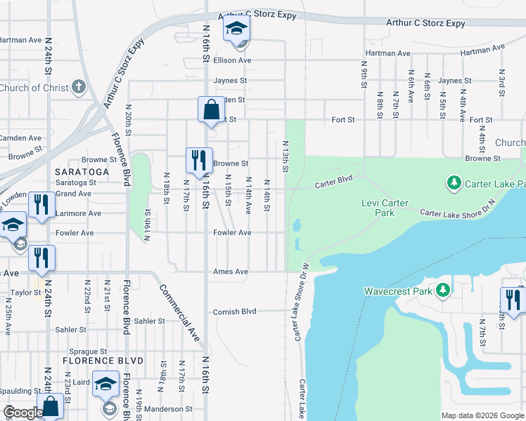 map of restaurants, bars, coffee shops, grocery stores, and more near 4718 North 14th Street in Omaha