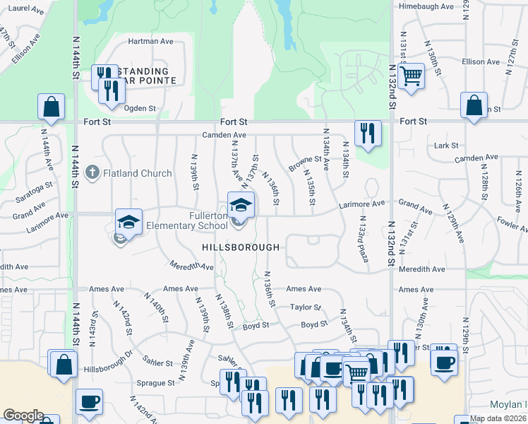 map of restaurants, bars, coffee shops, grocery stores, and more near 4801 North 136th Avenue in Omaha