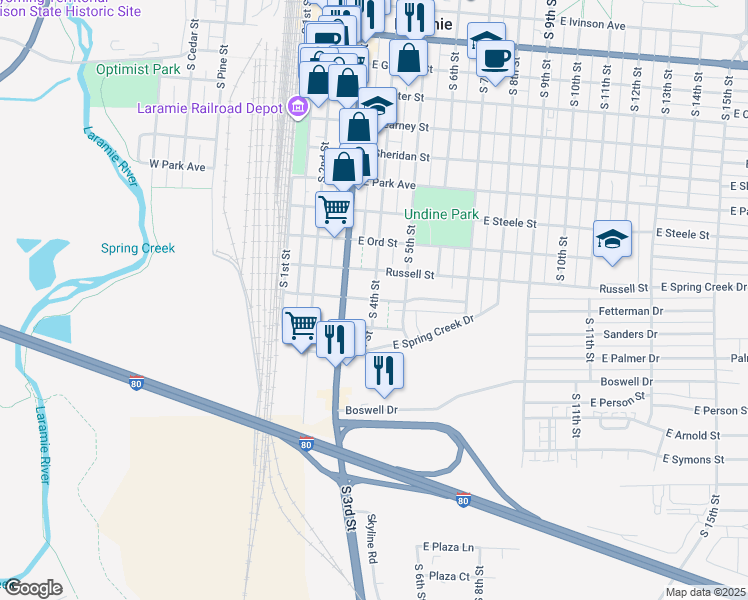 map of restaurants, bars, coffee shops, grocery stores, and more near 401 East Fetterman Street in Laramie