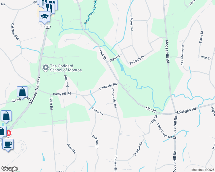 map of restaurants, bars, coffee shops, grocery stores, and more near 28 Purdy Hill Road in Monroe