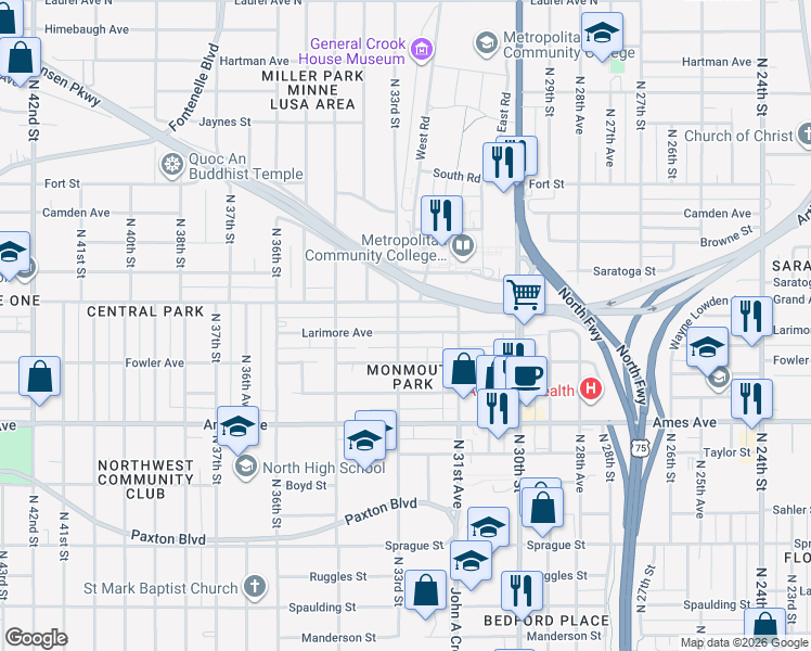 map of restaurants, bars, coffee shops, grocery stores, and more near 3196 Larimore Avenue in Omaha