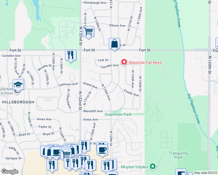 map of restaurants, bars, coffee shops, grocery stores, and more near 4913 North 129th Street in Omaha