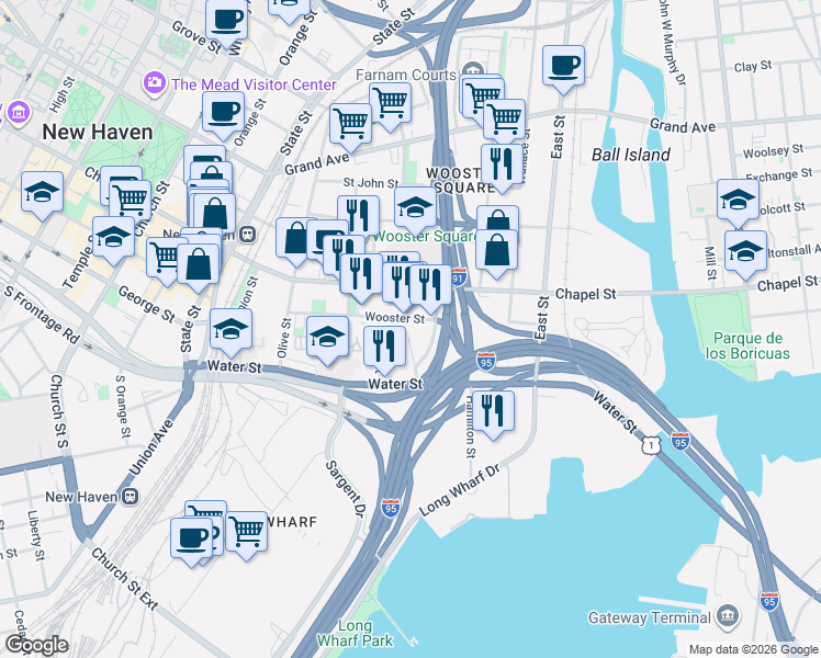map of restaurants, bars, coffee shops, grocery stores, and more near 106 Wooster Street in New Haven