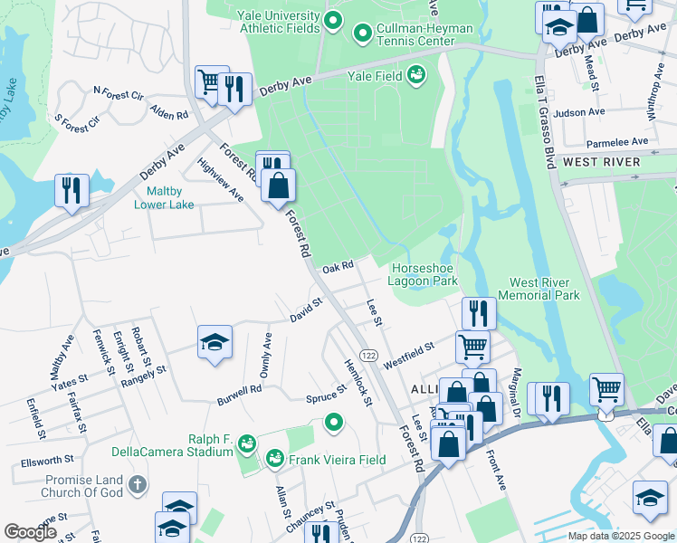 map of restaurants, bars, coffee shops, grocery stores, and more near 26 Oak Road in West Haven