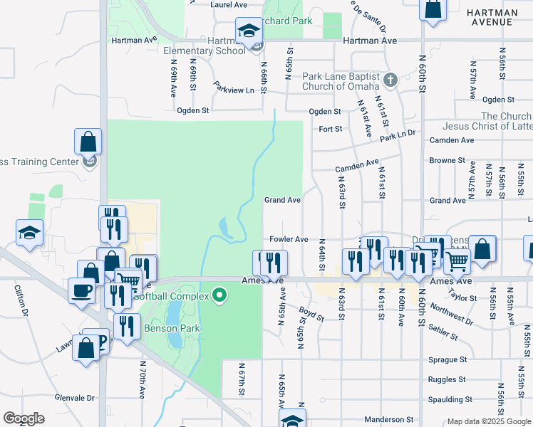 map of restaurants, bars, coffee shops, grocery stores, and more near 4807 North 66th Street in Omaha